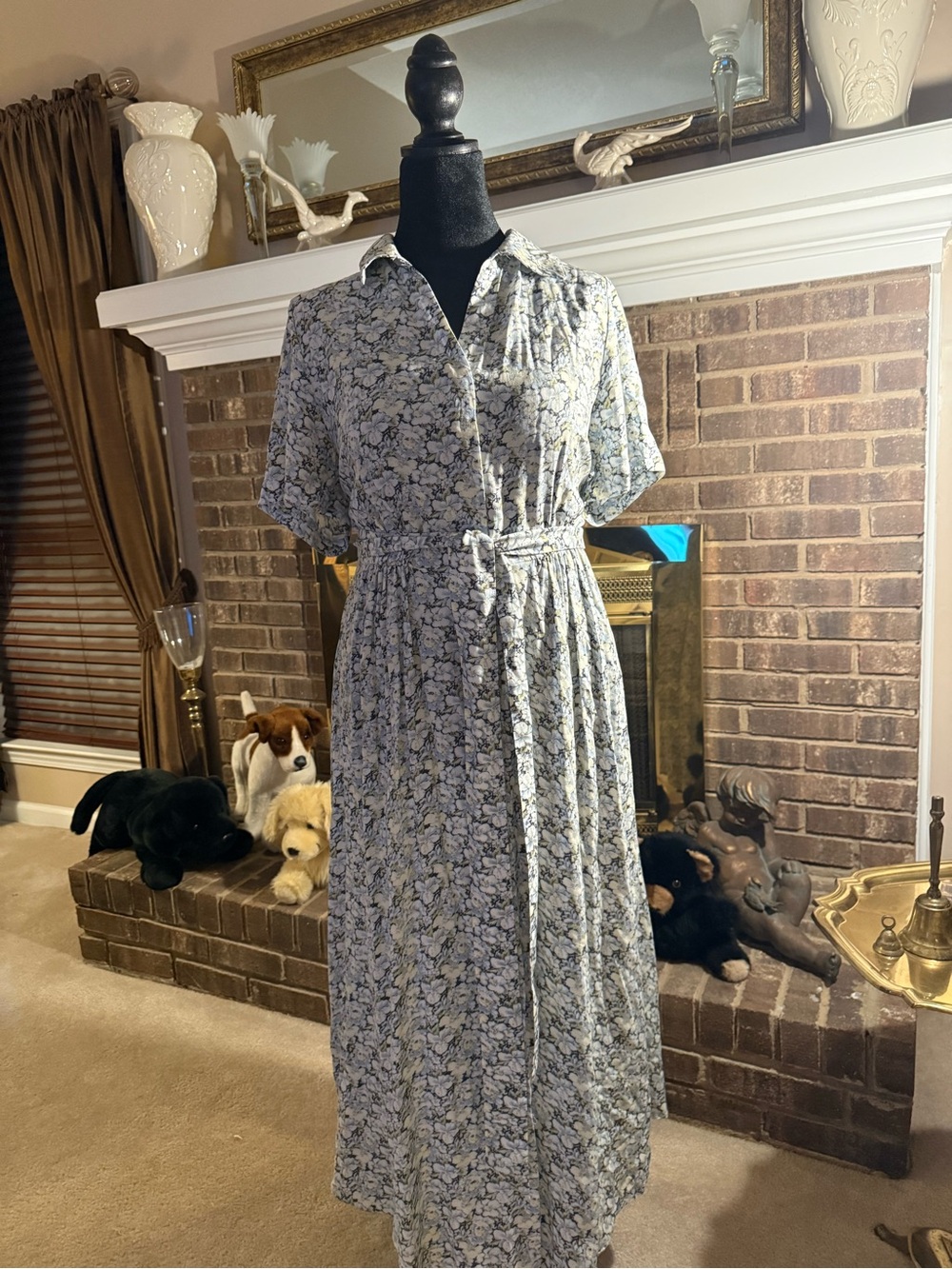 H&M Blue and White Floral Maxi Dress with Tie Waist